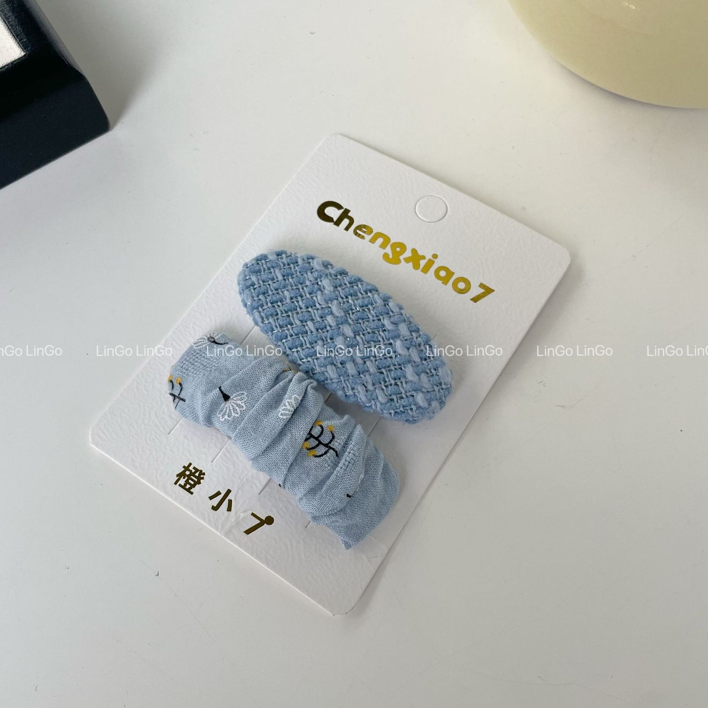藍色碎花刺繡簡約髮夾