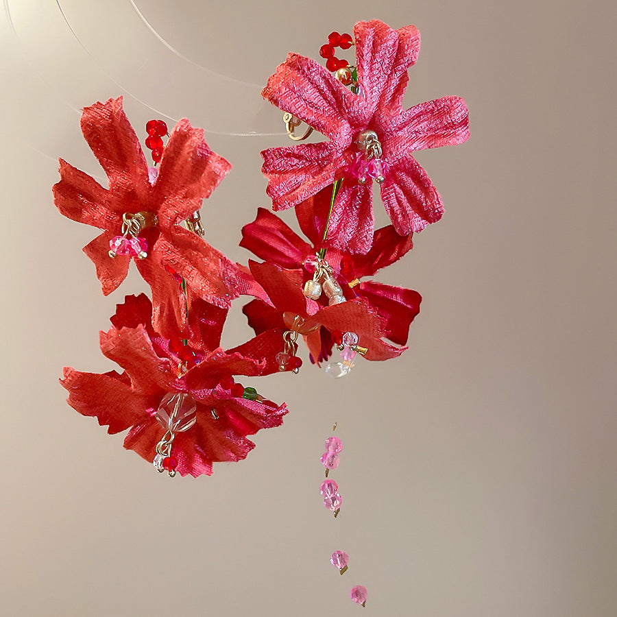 紅色花朵圓片流蘇耳環－41#銀針-白色款細節23｜https://igowo.tw/