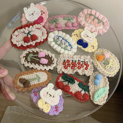 櫻桃卡通刺繡編織髮夾－橢圓櫻桃髮夾款實拍｜https://igowo.tw/