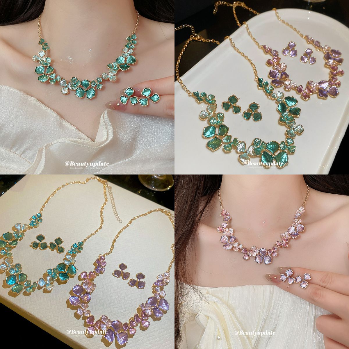 金屬花朵項鍊耳環組－商品主圖｜https://igowo.tw/