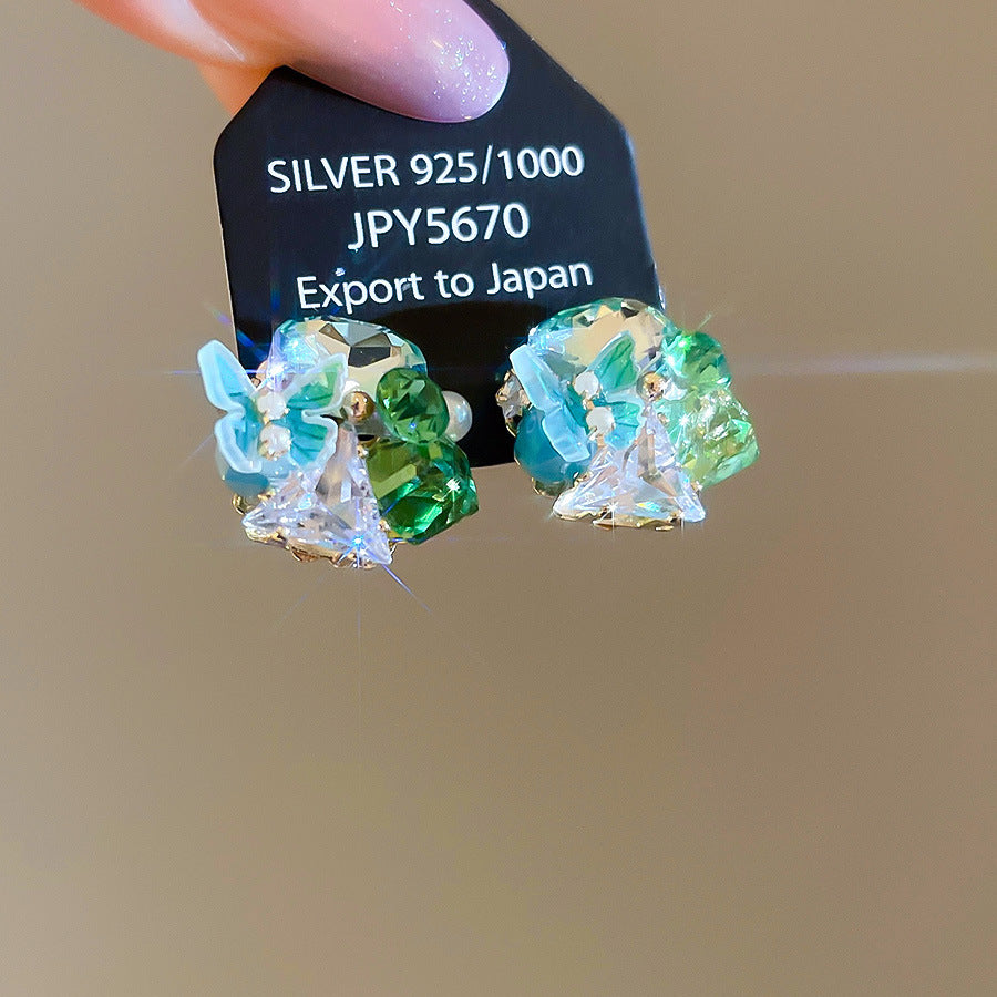 18k真金電鍍銀針水晶蝴蝶珍珠花簇耳釘小清新耳環輕奢高級感耳飾