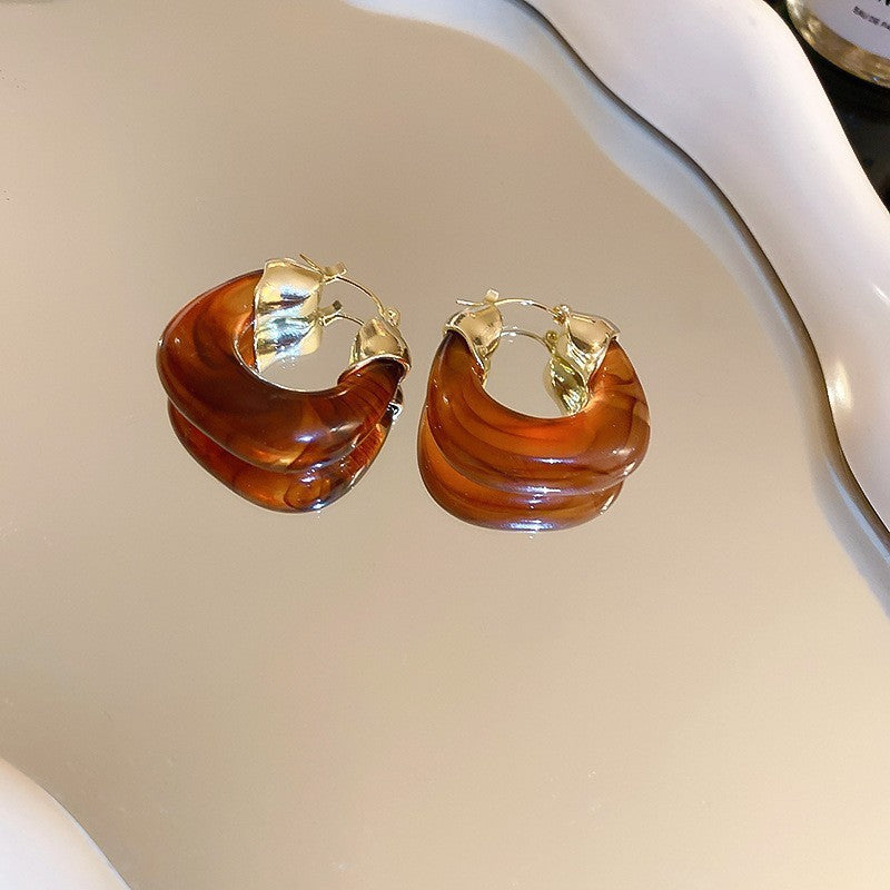 復古美拉德咖色銀針耳釘時尚百搭小眾港風耳環輕奢高級感秋冬耳飾
