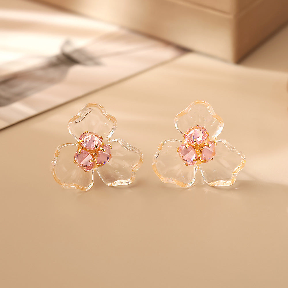 透明鋯石花朵耳釘