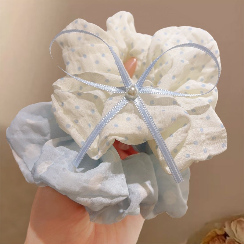 藍色大腸圈蝴蝶結髮圈－細節特寫2｜https://igowo.tw/
