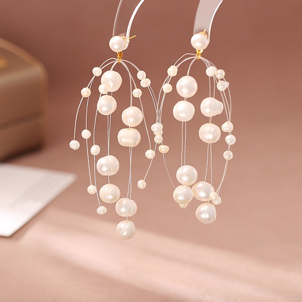 珍珠流蘇長版耳環－商品主圖｜https://igowo.tw/
