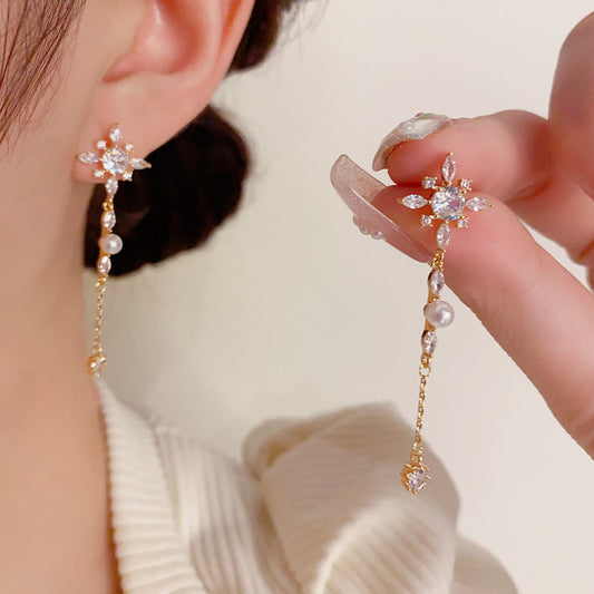 S925珍珠鋯石流蘇長版耳墜－商品主圖｜https://igowo.tw/