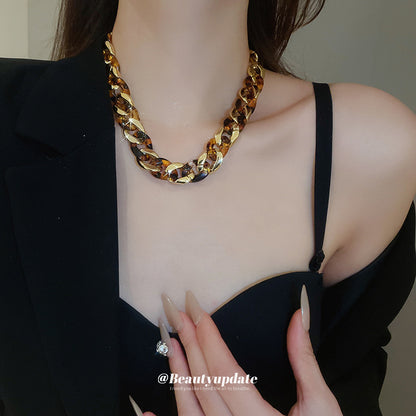 美拉德跨境豹紋環環相扣耳環項鏈手鏈套裝時尚耳釘氣質高級感耳飾