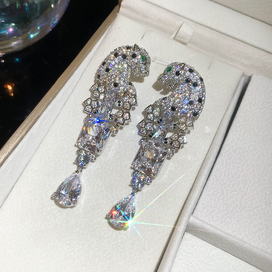 中古vintage銀針鑲鉆豹子耳釘奢華重工復古耳環輕奢高級感耳飾女