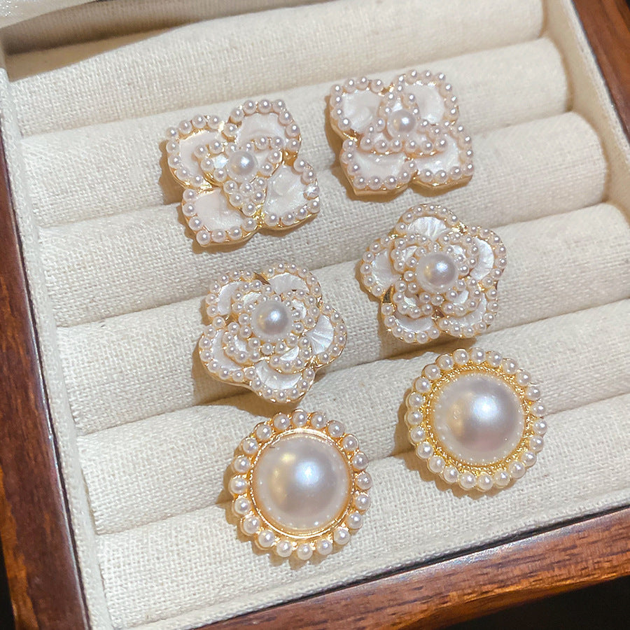 三對裝~銀針小香風圓形花朵珍珠耳釘套裝復古耳環輕奢高級感耳飾