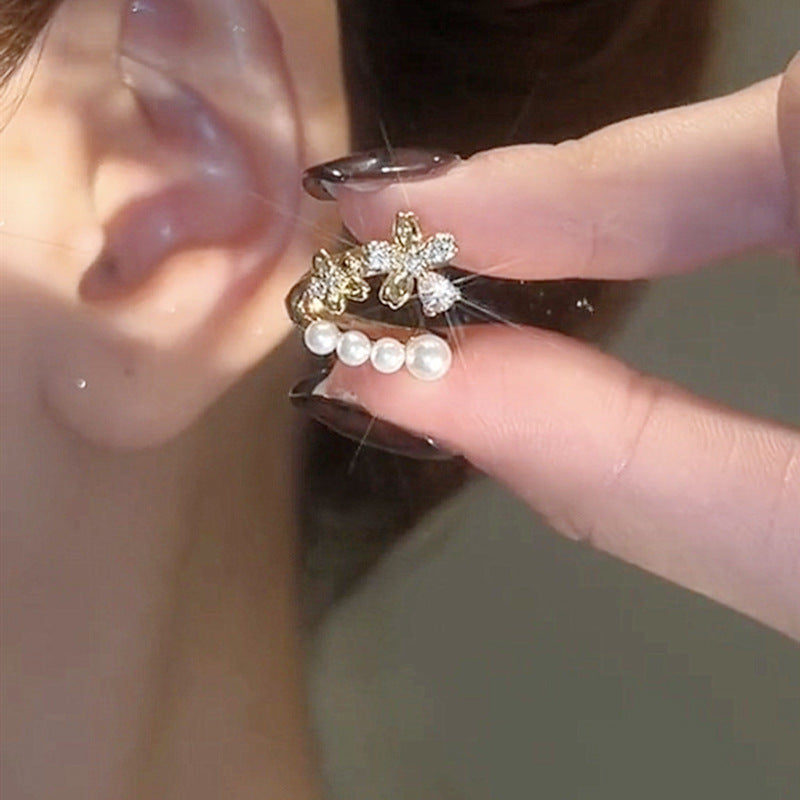 真金電鍍鋯石雙層珍珠耳夾女無耳洞法式復古優雅耳骨夾輕奢耳環女
