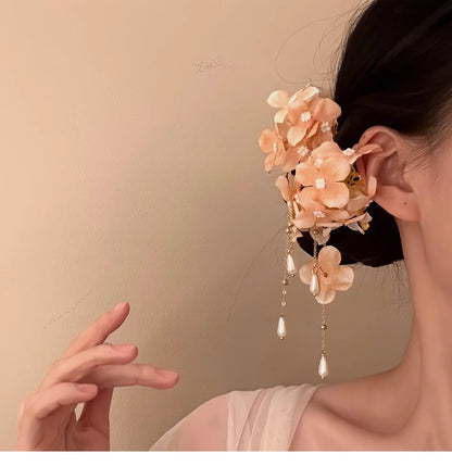 春夏甜美風布藝花朵流蘇珍珠發夾高級感精致鴨嘴夾時尚精致發飾女