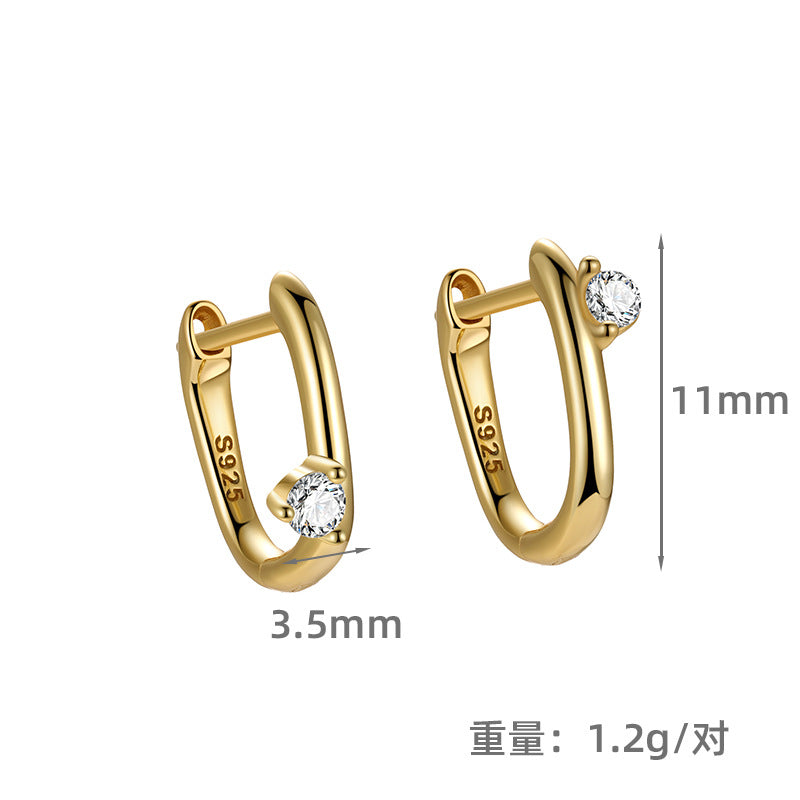 S925 鑲鋯石幾何耳扣女時尚簡約潮歐美外貿百搭養耳洞耳環