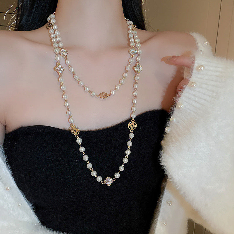 珍珠花朵長版項鍊－細節特寫5｜https://igowo.tw/
