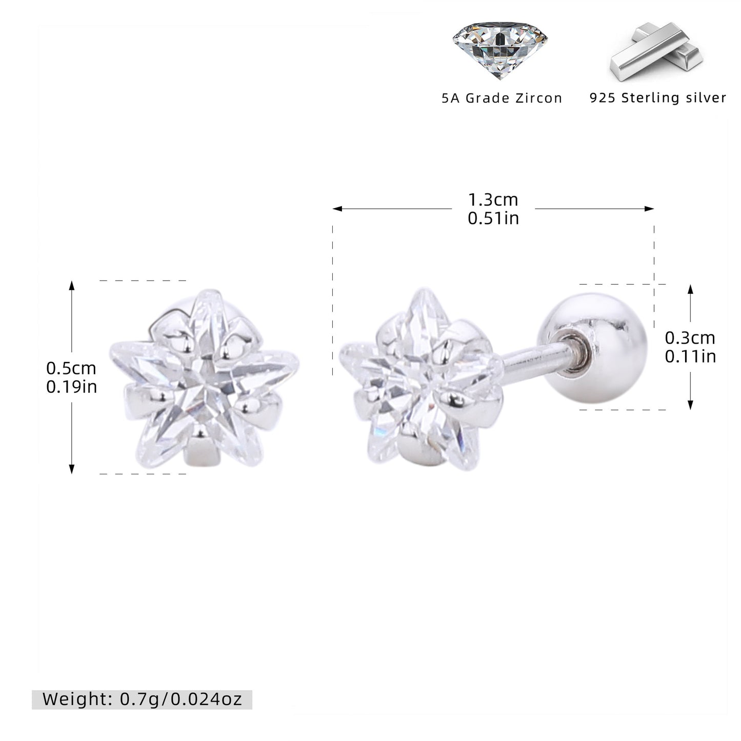 S925 五角星星鋯石耳釘女款簡約小巧氣質擰帽螺紋耳骨蝸釘飾品