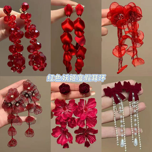 莫奈花園超仙布藝花朵耳環氣質甜美百搭紅色耳墜時尚高級感耳飾女