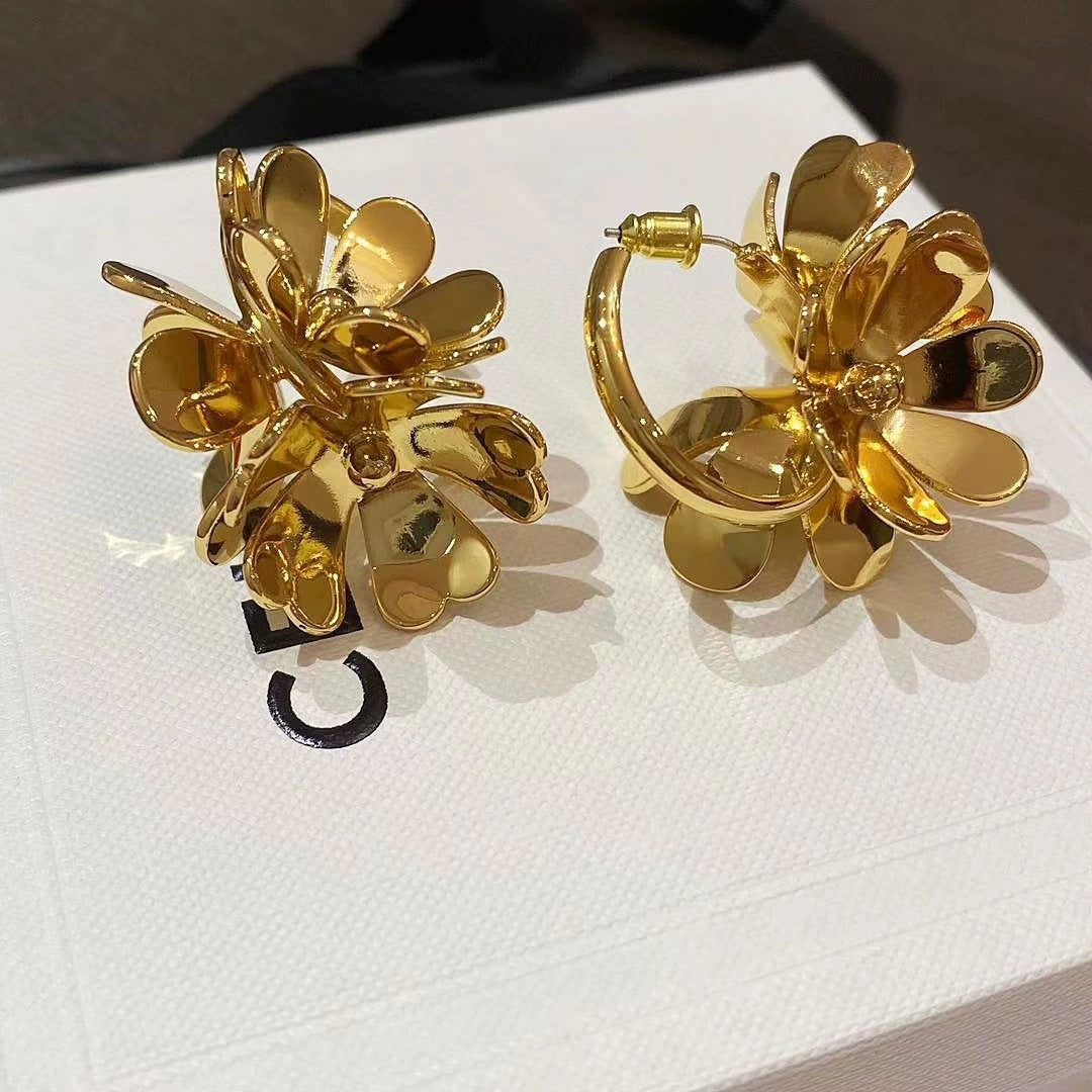 歐美個性金色花朵C形金屬耳釘