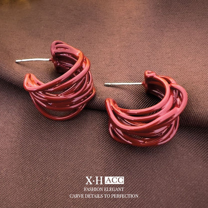 紅色琺瑯C形多層耳釘－商品主圖｜https://igowo.tw/
