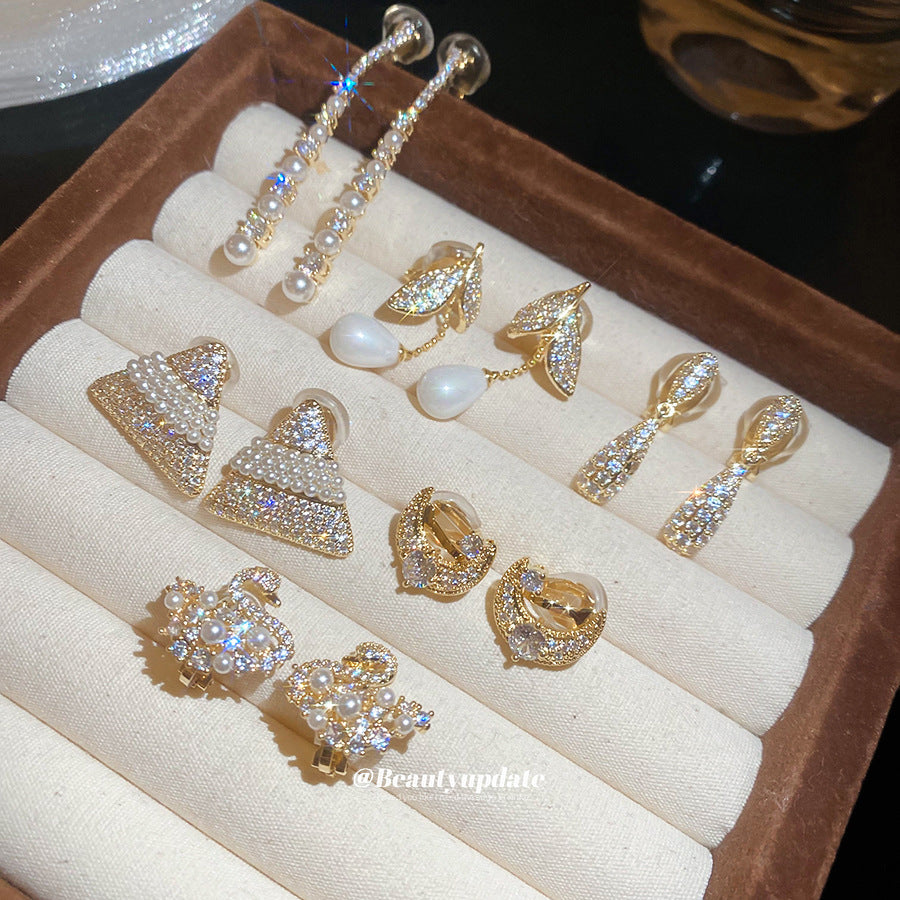 耳夾~18k真金電鍍鋯石幾何珍珠耳夾復古氣質耳環輕奢高級感耳飾女