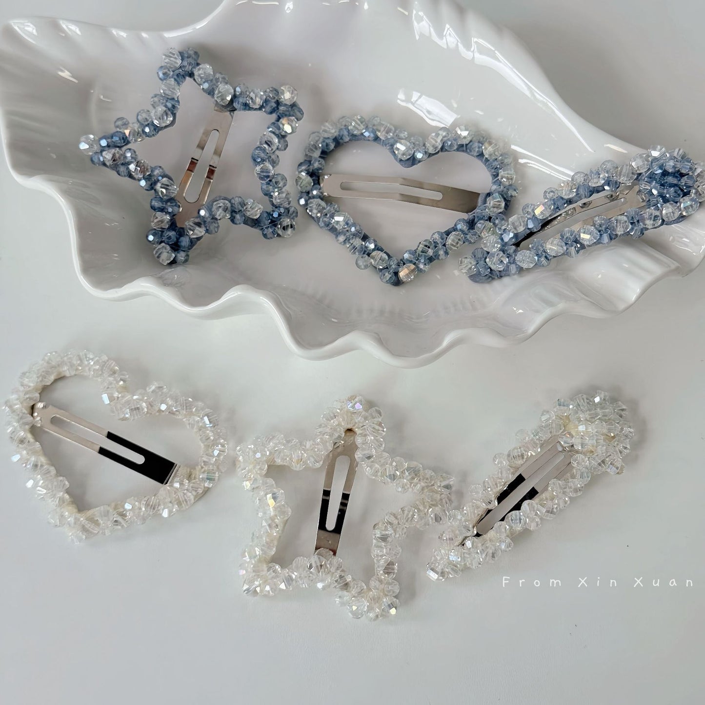 水晶星星愛心精雕髮夾－白色水滴款細節｜https://igowo.tw/