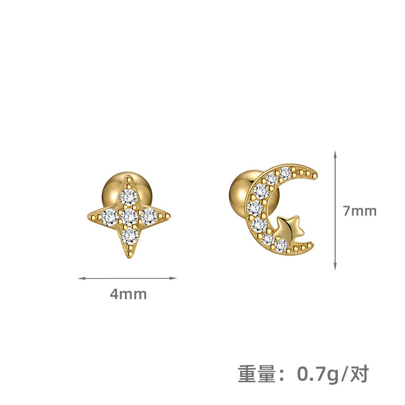 S925 星月不對稱螺釘擰扣耳釘女時尚簡約高級感潮養耳洞耳骨釘