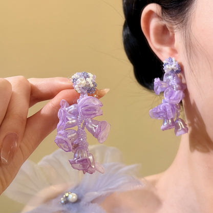 銀針氧氣夏日薄荷曼波綠色耳釘女海邊度假風水晶花朵流蘇耳環耳飾