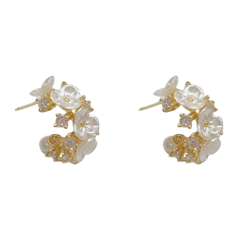 花朵C形鑲鑽簡約耳環