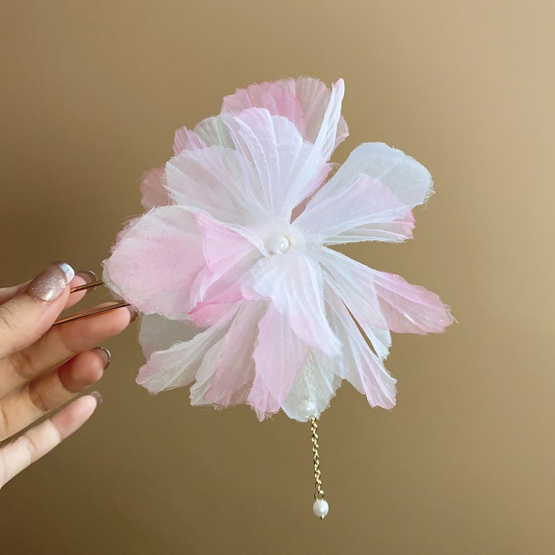 珍珠布面花朵流蘇髮簪