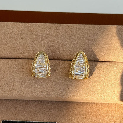 銀針鋯石花邊鏤空橢圓形C形耳環輕奢高級感百搭耳釘新款小眾耳飾