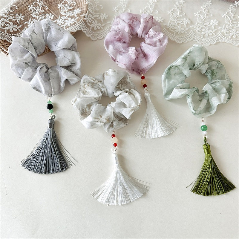 布面碎花流蘇髮圈－商品主圖｜https://igowo.tw/