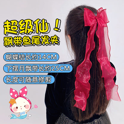 緞帶蝴蝶結魚尾髮夾－天藍款實拍｜https://igowo.tw/