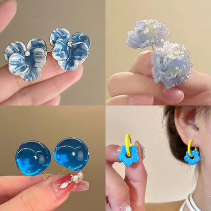 銀針花朵滴油鑲鉆耳釘夏季小清新藍色系耳環時尚百搭高級感耳飾女