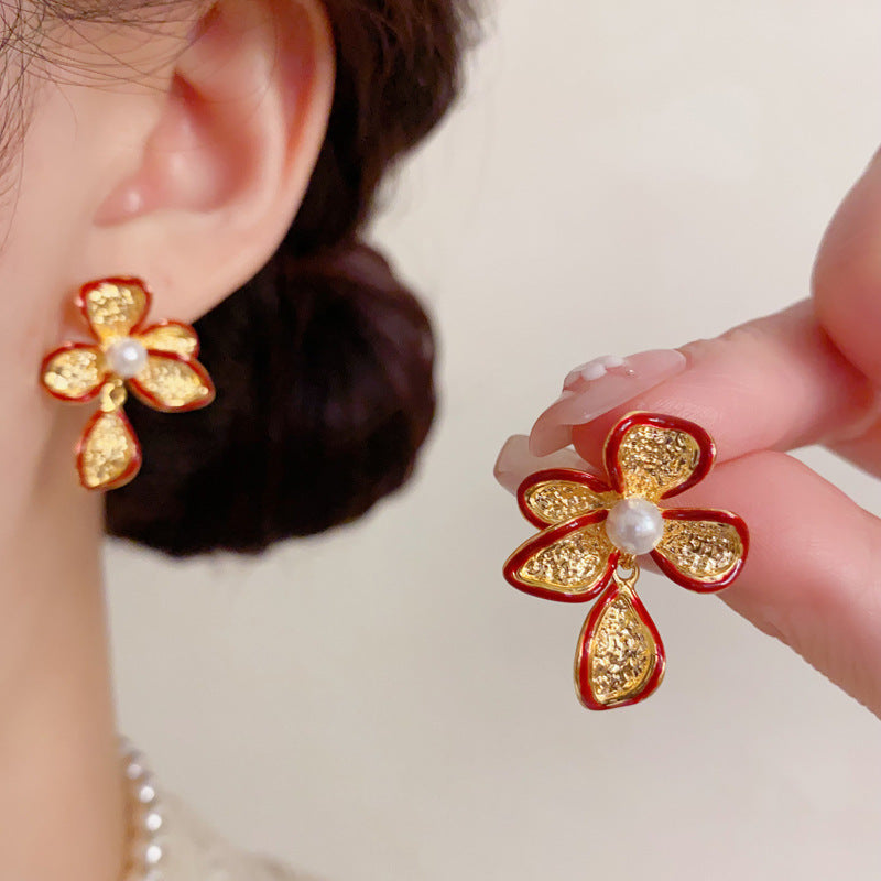 紅色金屬花朵復古耳環－商品主圖｜https://igowo.tw/