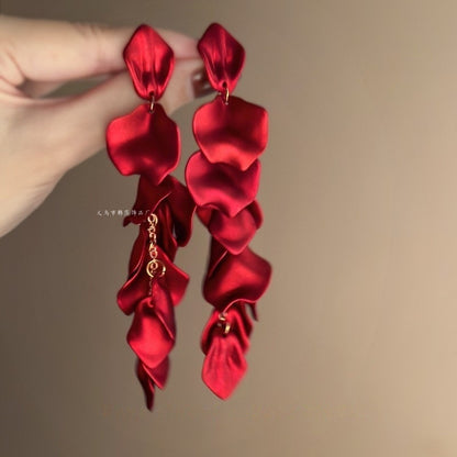 跨境玫瑰花瓣長款耳環歐美夸張網紅氣質時尚輕奢耳墜耳釘耳飾批發