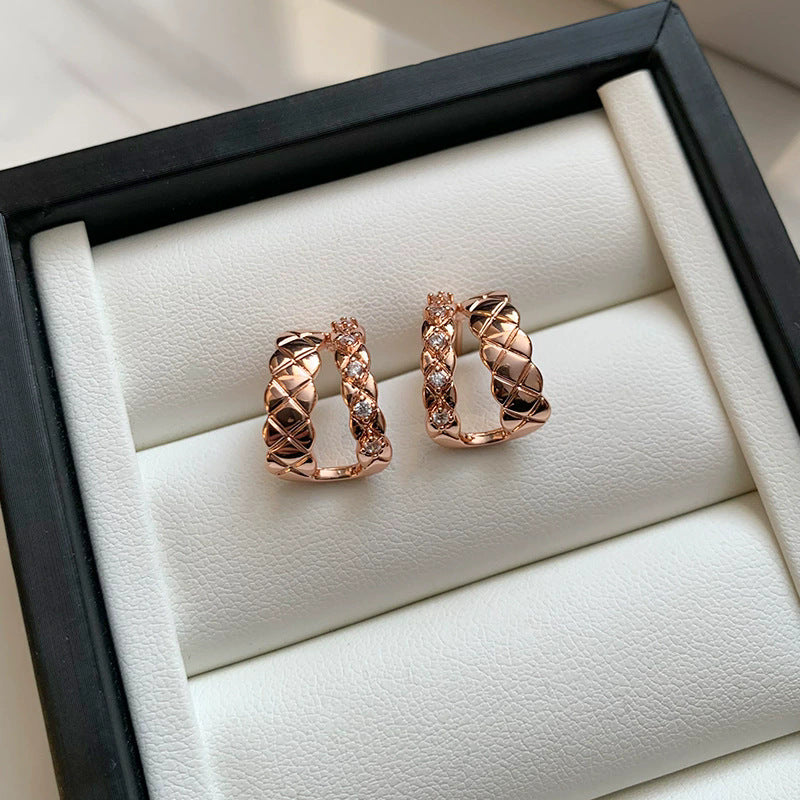 S925金色格紋玫瑰耳環