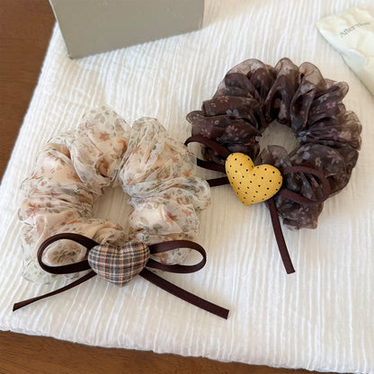 網紗蝴蝶結復古髮圈－米色碎花愛心髮圈款實拍｜https://igowo.tw/
