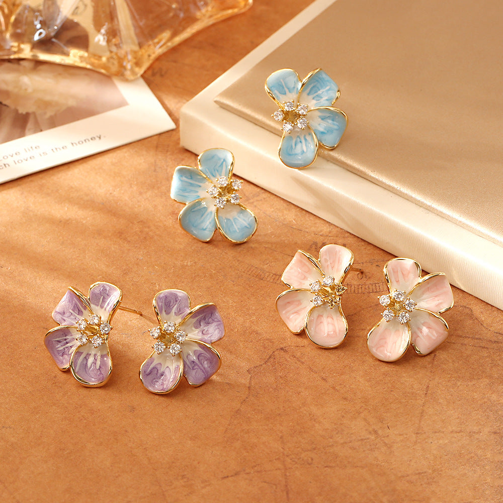 S925琺瑯鋯石花朵耳釘－商品主圖｜https://igowo.tw/
