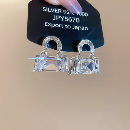 銀針超閃鑲鉆方形時尚包包吊墜耳釘個性冷淡風耳環輕奢高級感耳飾