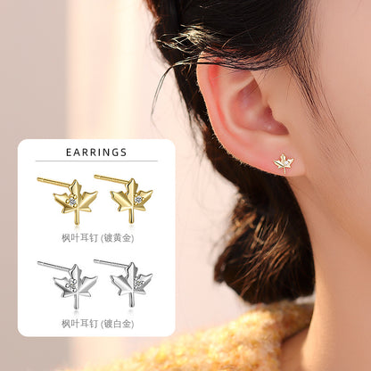 S925 鑲鑽楓葉樹葉三葉草耳釘日韓時尚氣質鍍K金輕奢女小耳環