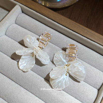 真金電鍍銀針貝殼花朵流蘇耳環法式復古耳釘輕奢氣質百搭耳飾批發