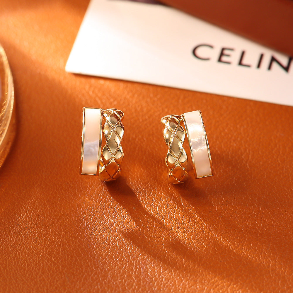 貝母菱形雙層復古耳釘