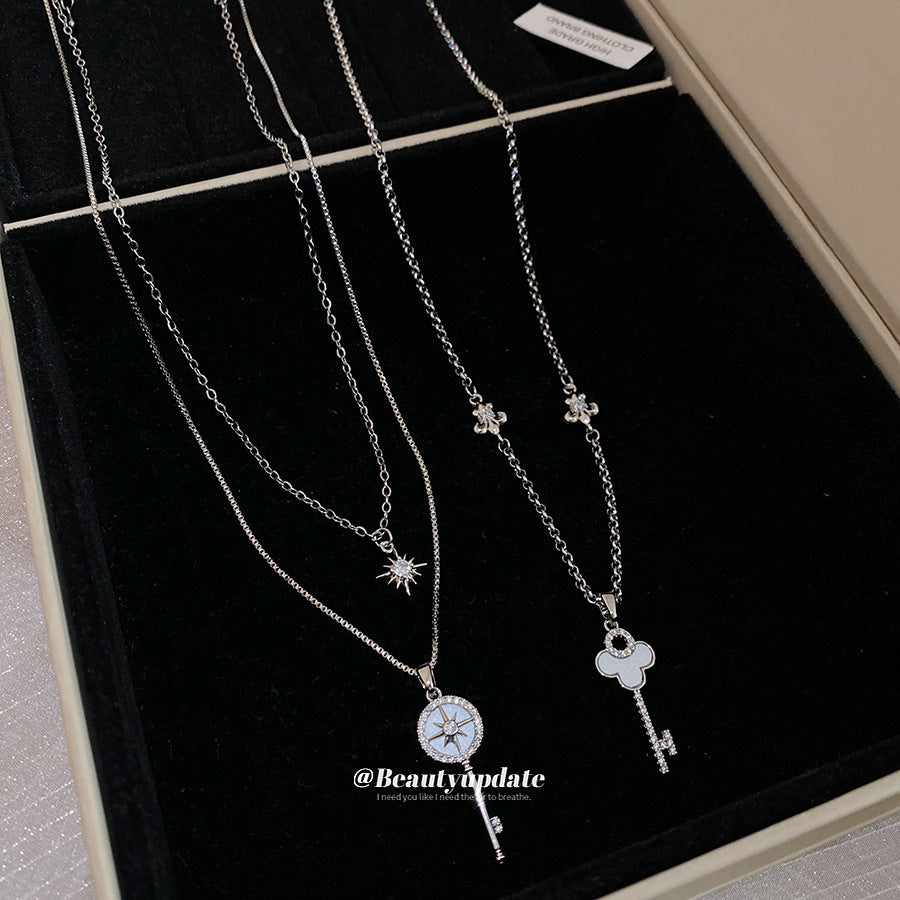 鋯石鑰匙墜飾項鍊－項鍊-銀色（兩件套）款實拍｜https://igowo.tw/