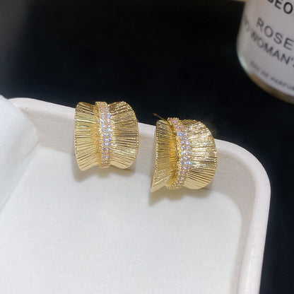 銀針金屬鋯石寬面C形耳釘時尚簡約氣質百搭耳環輕奢高級感耳飾女