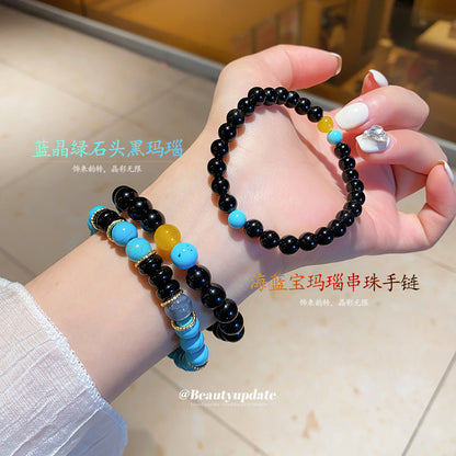 松石瑪瑙藍晶綠石頭串珠手鏈復古氣質手串手環小眾設計感手飾批發