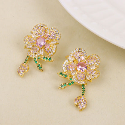 S925鋯石花朵鑲鑽耳墜