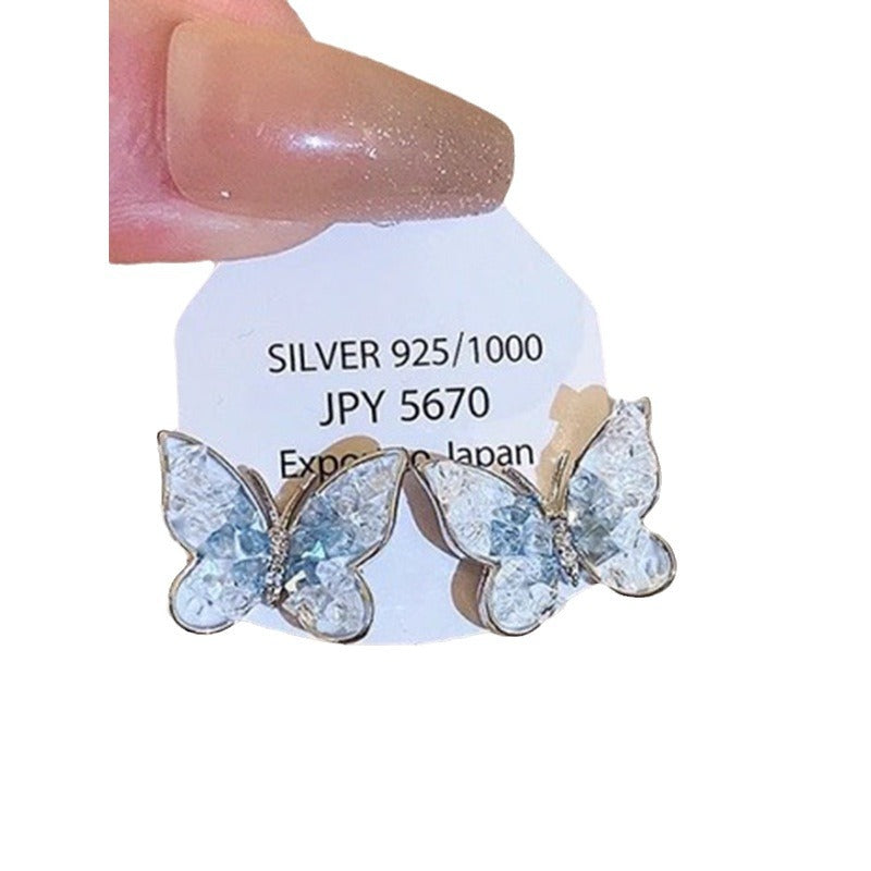 銀針漸變藍色系玻璃珠蝴蝶花朵耳環夏季清新氣質耳墜時尚甜美耳飾