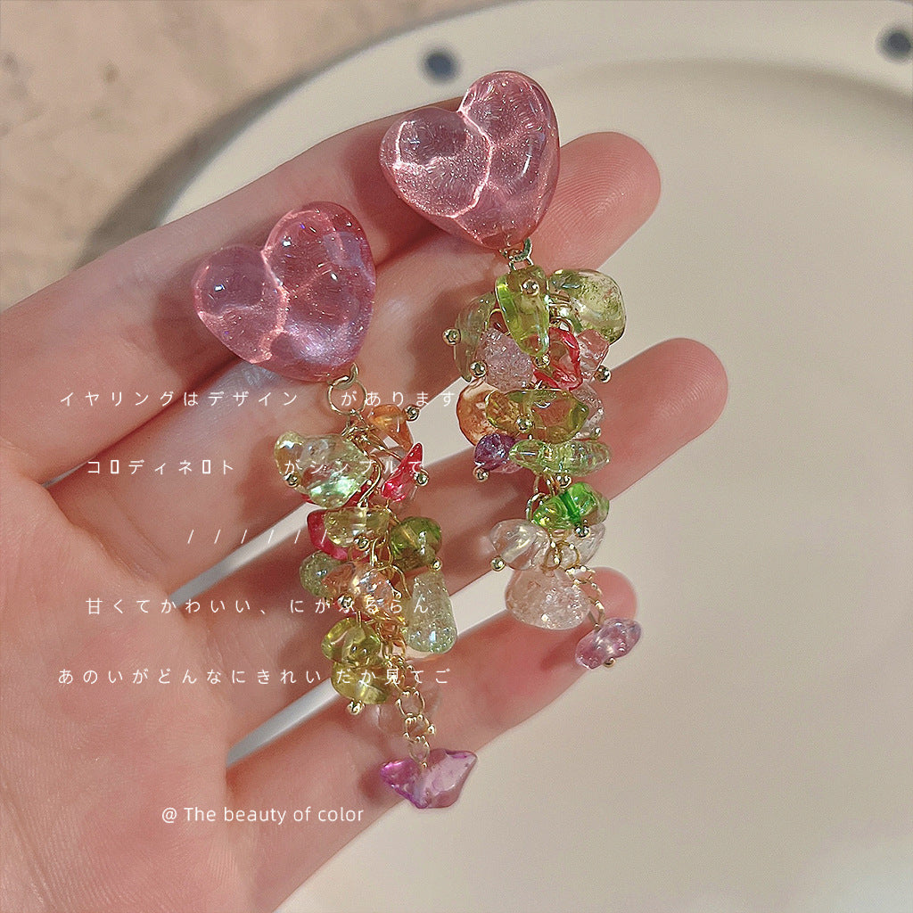 水晶玻璃流蘇長版耳環