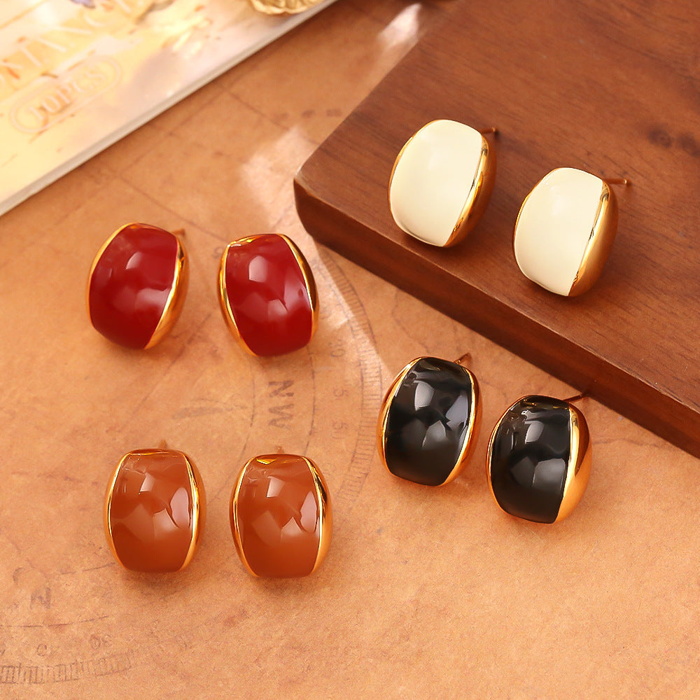 紅色琺瑯方形簡約耳釘－商品主圖｜https://igowo.tw/