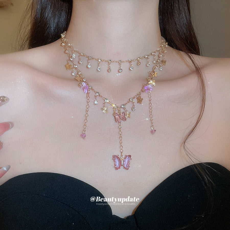 水晶蝴蝶花朵鑲鑽項鍊－商品主圖｜https://igowo.tw/