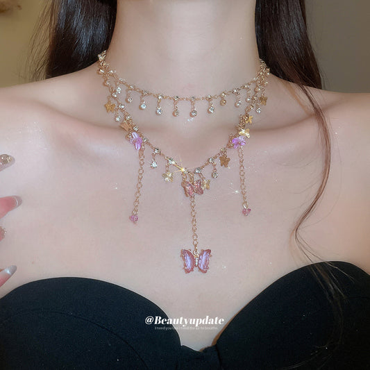 水晶蝴蝶花朵鑲鑽項鍊－商品主圖｜https://igowo.tw/