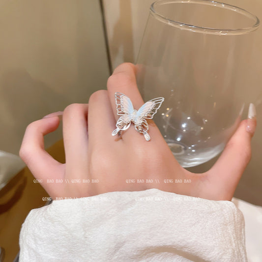 粉蝶藍夢超仙氣質蝴蝶戒指女輕奢百搭設計感高級感甜美風指環手飾 J950銀A/開口可調節